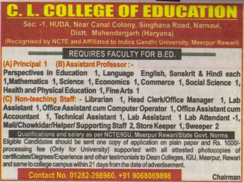 C L College of Education Teaching & Non-Teaching Recruitment 2024